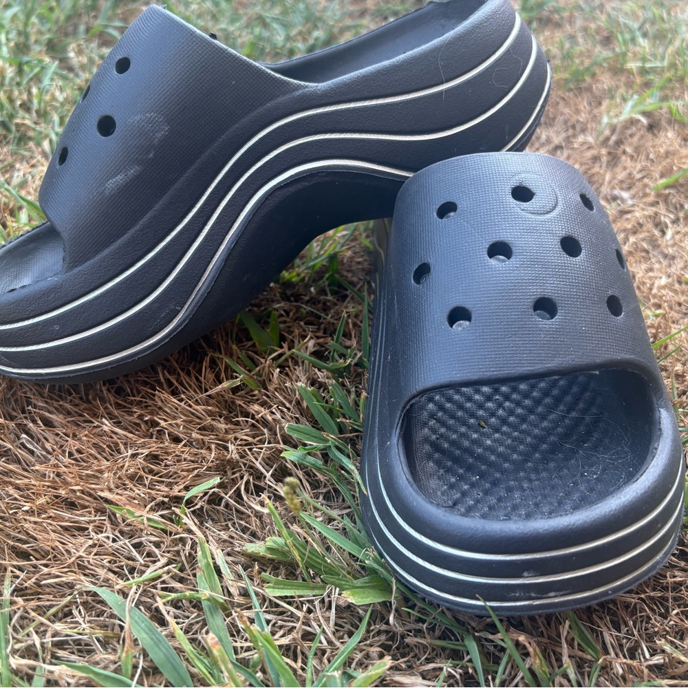Black Slide Sandals with White Stripes